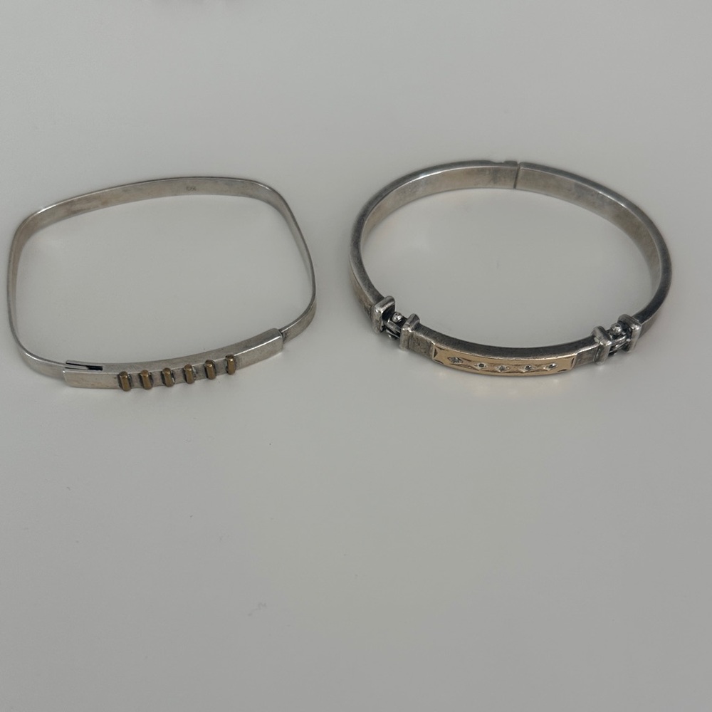 Real Sterling silver Two-Tone Silver and Gold Accent Bangle Bracelet Set - Women